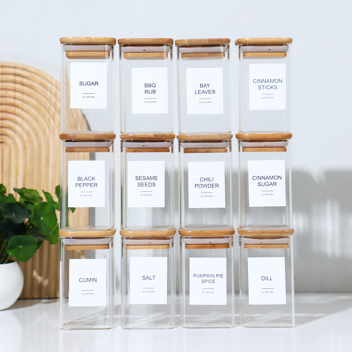12 Pcs Square Spice Jars With 72 Stickers