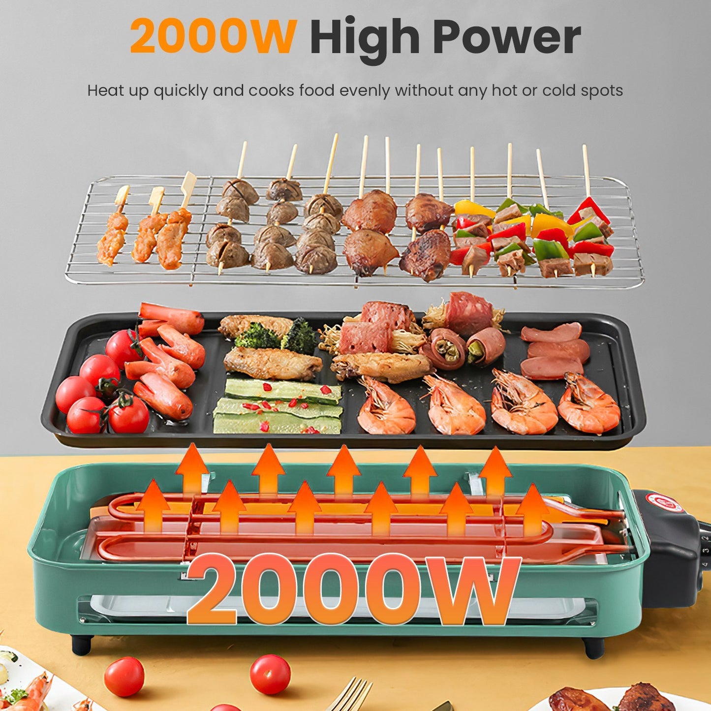 1Pc 2000W Electric Indoor Grill 2 In 1